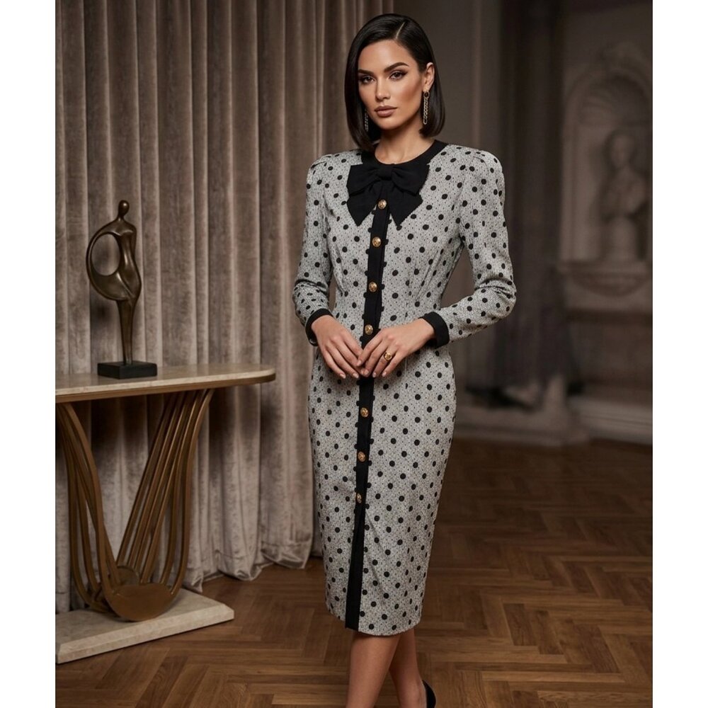 Elegant Black & White Polka Dot Bow-Trim Midi Dress